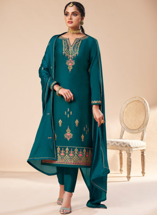 Beautiful Sea Blue Silk Embroidered Work Designer Party Wear Salwar Suit