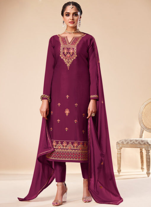 Classic Purple Silk Embroidered Work Designer Party Wear Salwar Suit