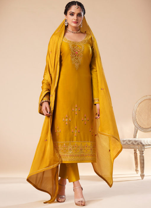 Elegant Yellow Silk Embroidered Work Designer Party Wear Salwar Suit