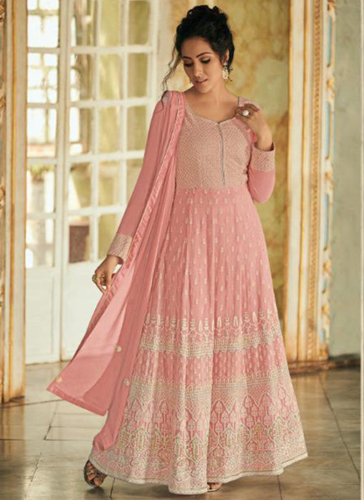 Pretty Pink Georgette Lakhnavi Work Designer Anarkali Suit