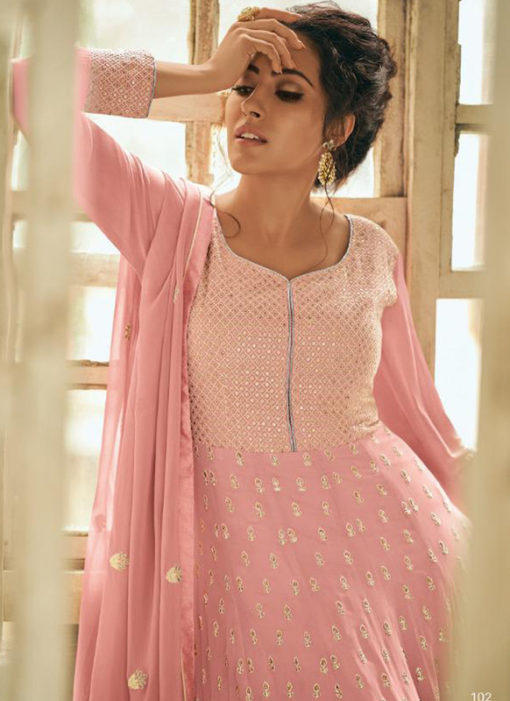 Pretty Pink Georgette Lakhnavi Work Designer Anarkali Suit