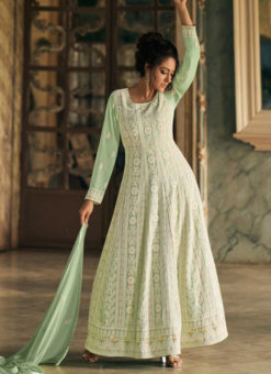 Lovely Light Green Georgette Lakhnavi Work Designer Anarkali Suit