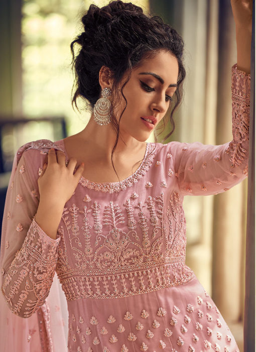 Beautiful Pink Georgette Lucknowi Work Designer Wedding Anarkali Suit