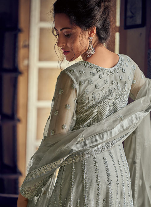 Lovely Grey Georgette Lucknowi Work Designer Wedding Anarkali Suit