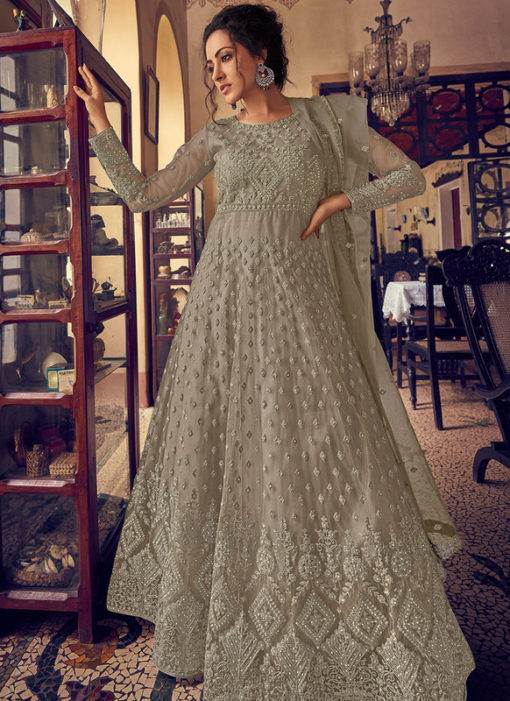 Amazing Beige Georgette Lucknowi Work Designer Anarkali Suit