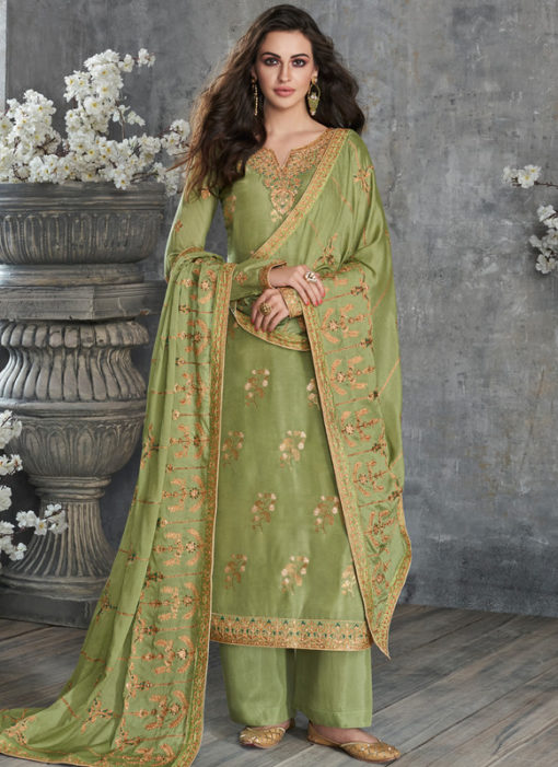 Graceful Green Silk Embroidered Work Party Wear Salwar Suit