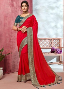Lavish Red Vichitra Silk Embroidered Border Bridal Saree