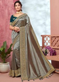 Classic Silver Vichitra Silk Embroidered Border Bridal Saree