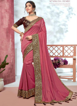 Charming Pink Vichitra Silk Embroidered Border Bridal Saree