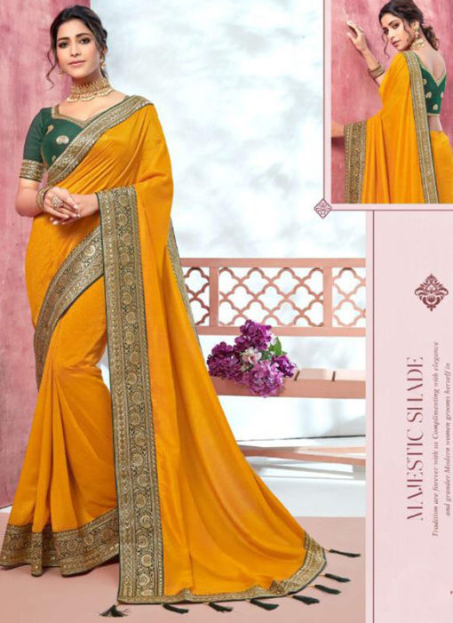 Elegant Yellow Vichitra Silk Embroidered Border Bridal Saree