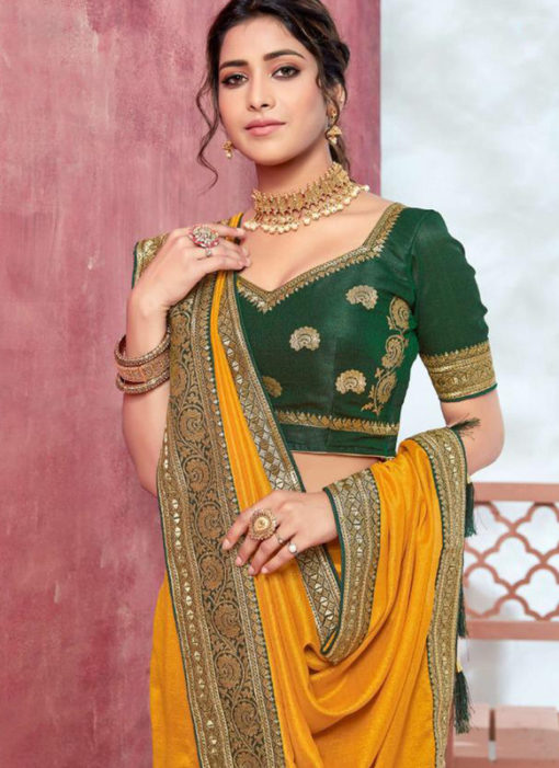 Elegant Yellow Vichitra Silk Embroidered Border Bridal Saree