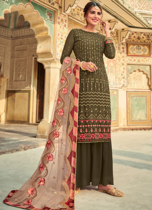 Graceful Green Georgette Embroidered Work Party Wear Salwar Suit