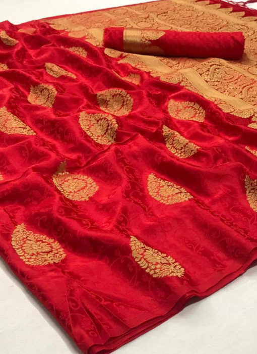 Lavish Red Satin Silk Zari Weaving Wedding Saree