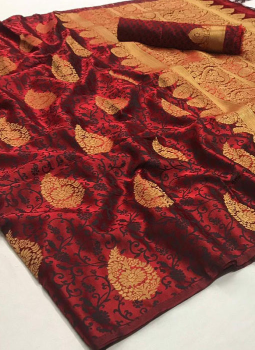 Luxurious Maroon Satin Silk Zari Weaving Wedding Saree
