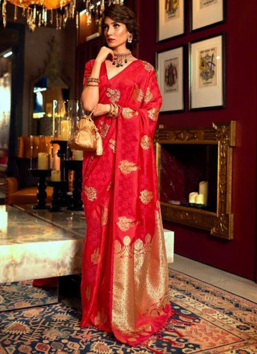 Adorable Red Satin Silk Zari Weaving Wedding Saree
