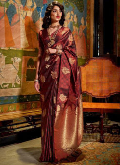 Appealing Maroon Satin Silk Zari Weaving Wedding Saree