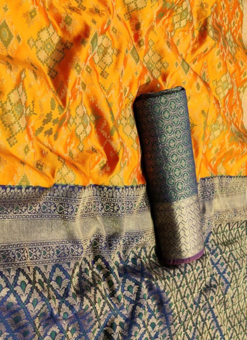 Lovely Mustred Silk Thread Weaving Traditional Designer Saree