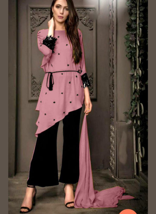 Beautiful Purple Georgette Pearl Work Designer Kurti With Fancy Pant