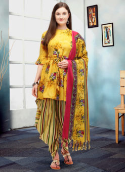 Attractive Yellow Cotton Printed Readymade Patiyala Sawlar Suit