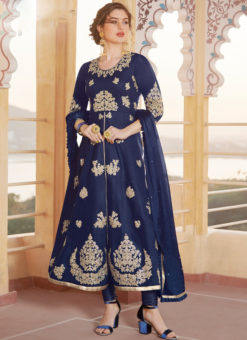 Alluring Blue Chanderi Silk Designer Churidar Suit