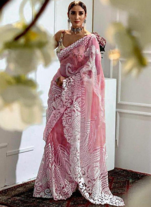 Charming Pink Heavy Pure Organza Embroidered Work Designer Saree