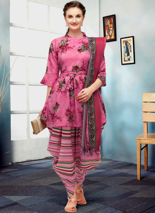 Excellent Pink Cotton Printed Readymade Patiyala Salwar Suit