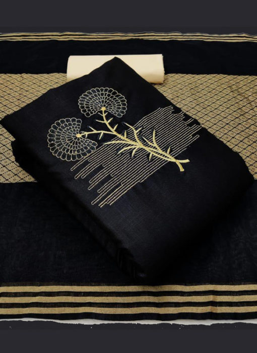 Excellent Black Slub Cotton Embroidered Work Designer Salwar Suit
