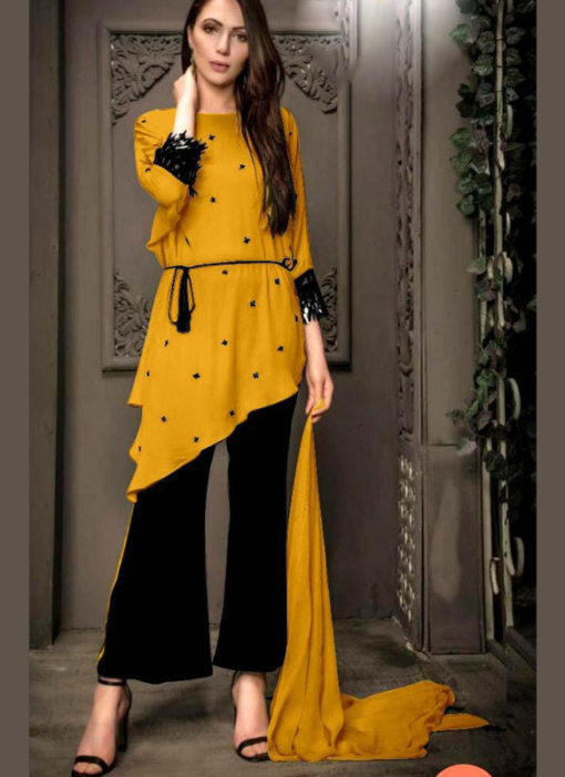 Pretty Yellow Georgette Pearl Work Designer Kurti With Fancy Pant