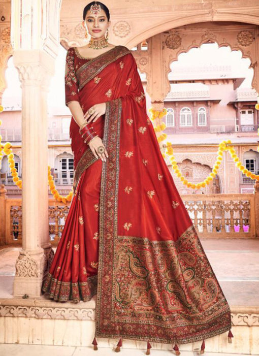 Lavish Red Dola Silk Kalamkari Printed Party Wear Saree
