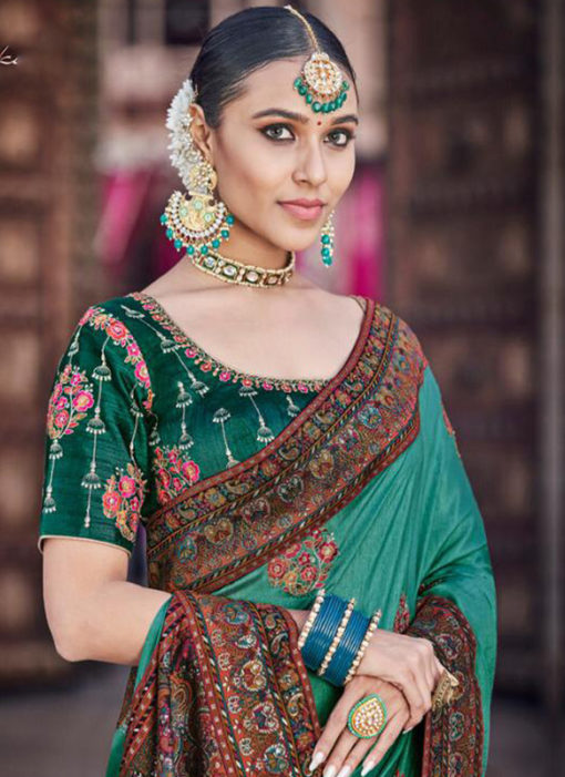 Attractive Sea Green Dola Silk Kalamkari Printed Party Wear Saree