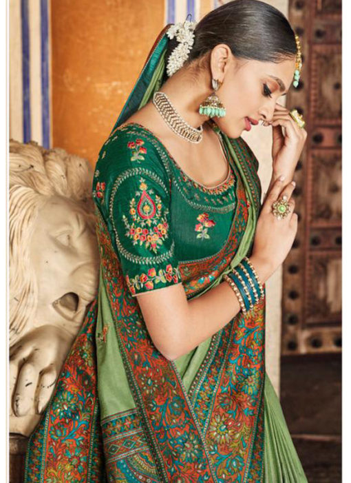 Elegant Green Dola Silk Kalamkari Printed Party Wear Saree