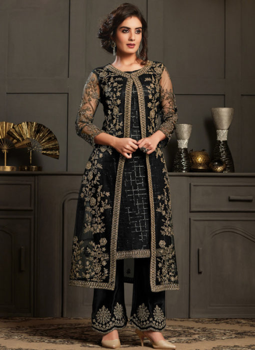 Elegant Black Net And Georgette Embroidered Work Designer Salwar Suit