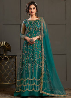 Attractive Sea Green Net Embroidered Work Designer Wedding Anarkali Suit