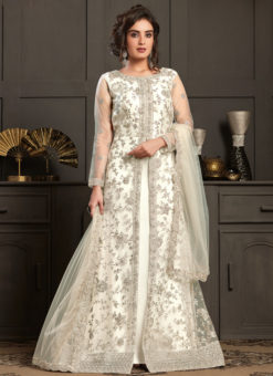 Wonderful White Net Embroidered Work Designer Wedding Anarkali Suit