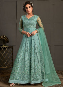 Amazing Sky Blue Net Embroidered Work Designer Wedding Anarkali Suit