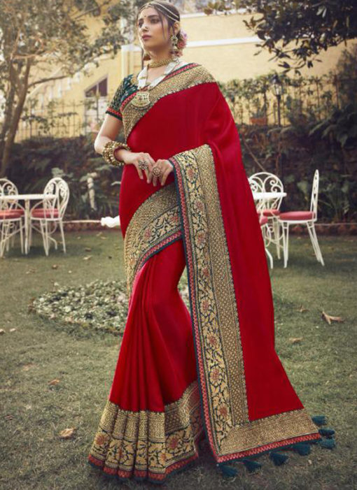 Amazing Red Tusser Silk Zari Weaving Wedding Saree