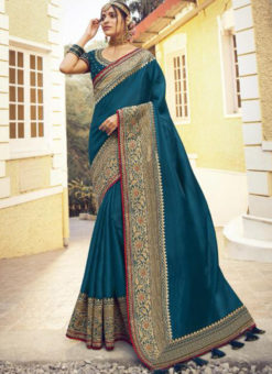 Excellent Sea Blue Tusser Silk Zari Weaving Wedding Saree