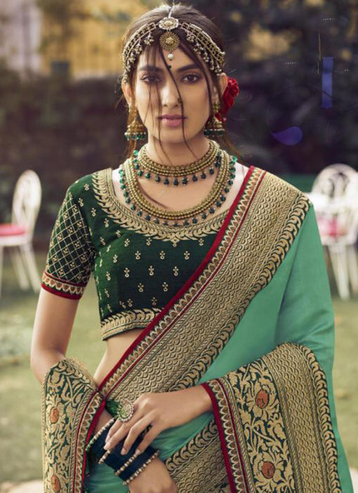 Lovely Sea Green Tusser Silk Zari Weaving Wedding Saree