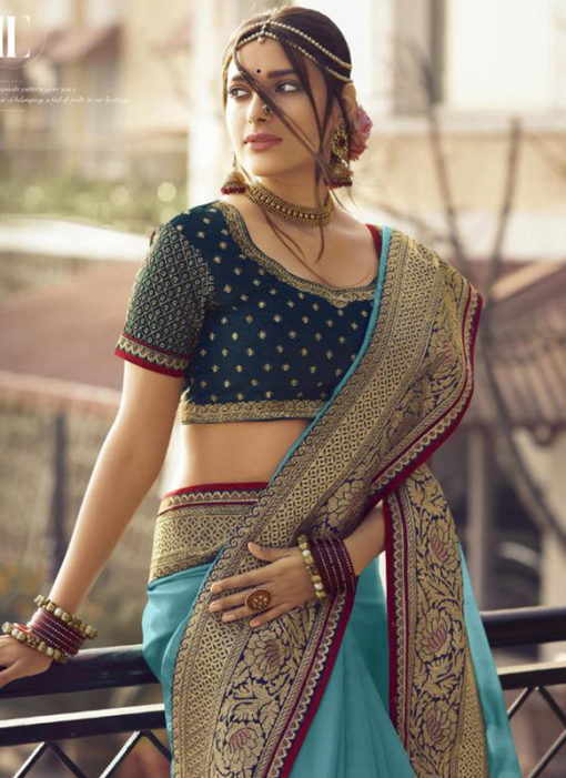 Angel Sky Blue Tusser Silk Zari Weaving Wedding Saree