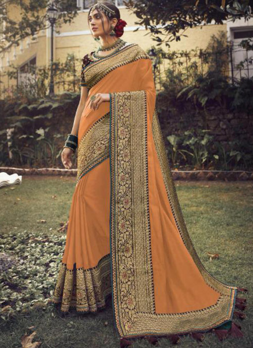 Elegant Orange Tusser Silk Zari Weaving Wedding Saree