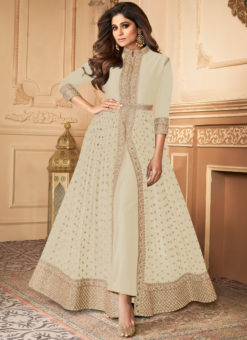 Elegant Off White Georgette Embroidered Work Designer Anarkali Suit