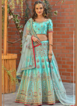 Amazing Sky Silk Resham Work Designer Wedding Lehenga Choli
