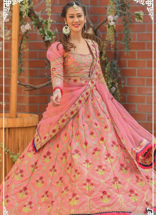 Elegant Peastal Pink Silk Resham Work Designer Wedding Lehenga Choli