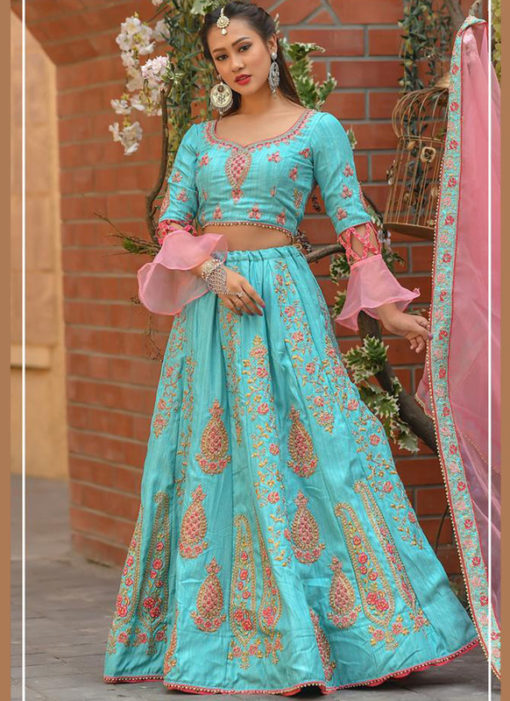 Lovely Sky Blue Silk Resham Work Designer Wedding Lehenga Choli