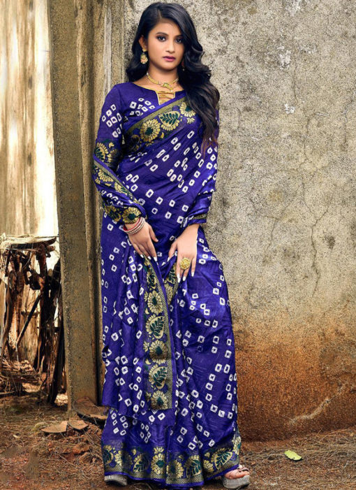 Beautiful Blue Art Silk Bandhani Print Traditional Saree
