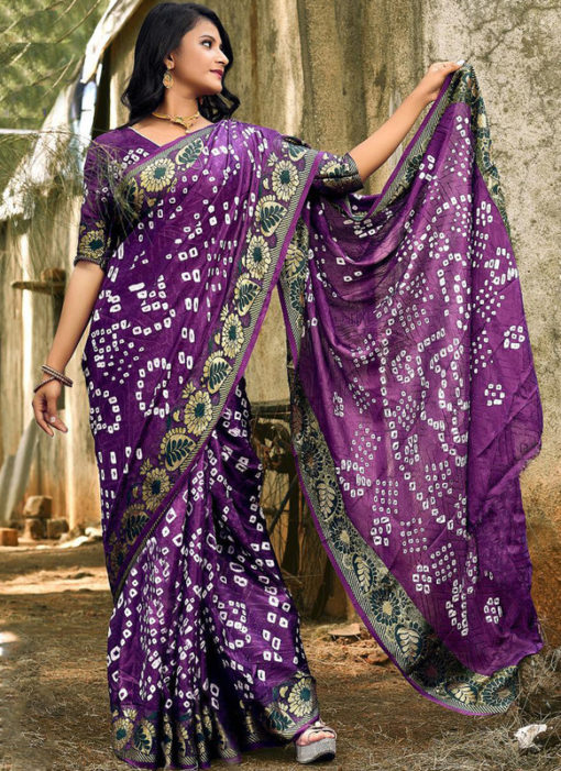 Classic Lavender Art Silk Bandhani Print Traditional Saree