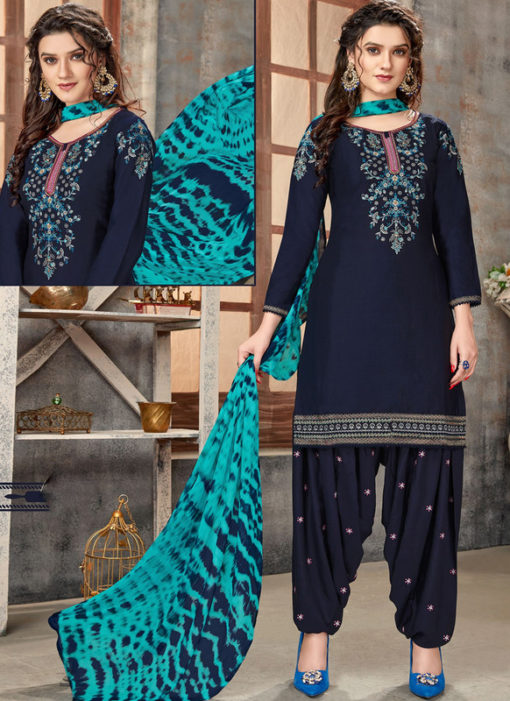 Regular Designer Embroidery Navy Blue Glaze Cotton Patiyala Suit