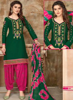 Regular Designer Embroidery Green Glaze Cotton Patiyala Suit