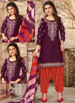 Regular Designer Embroidery Purple Glaze Cotton Patiyala Suit