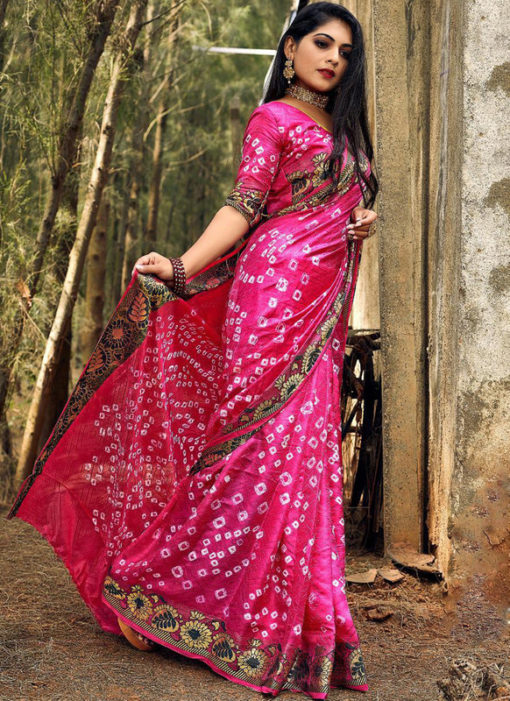 Elegant Pink Art Silk Bandhani Print Traditional Saree